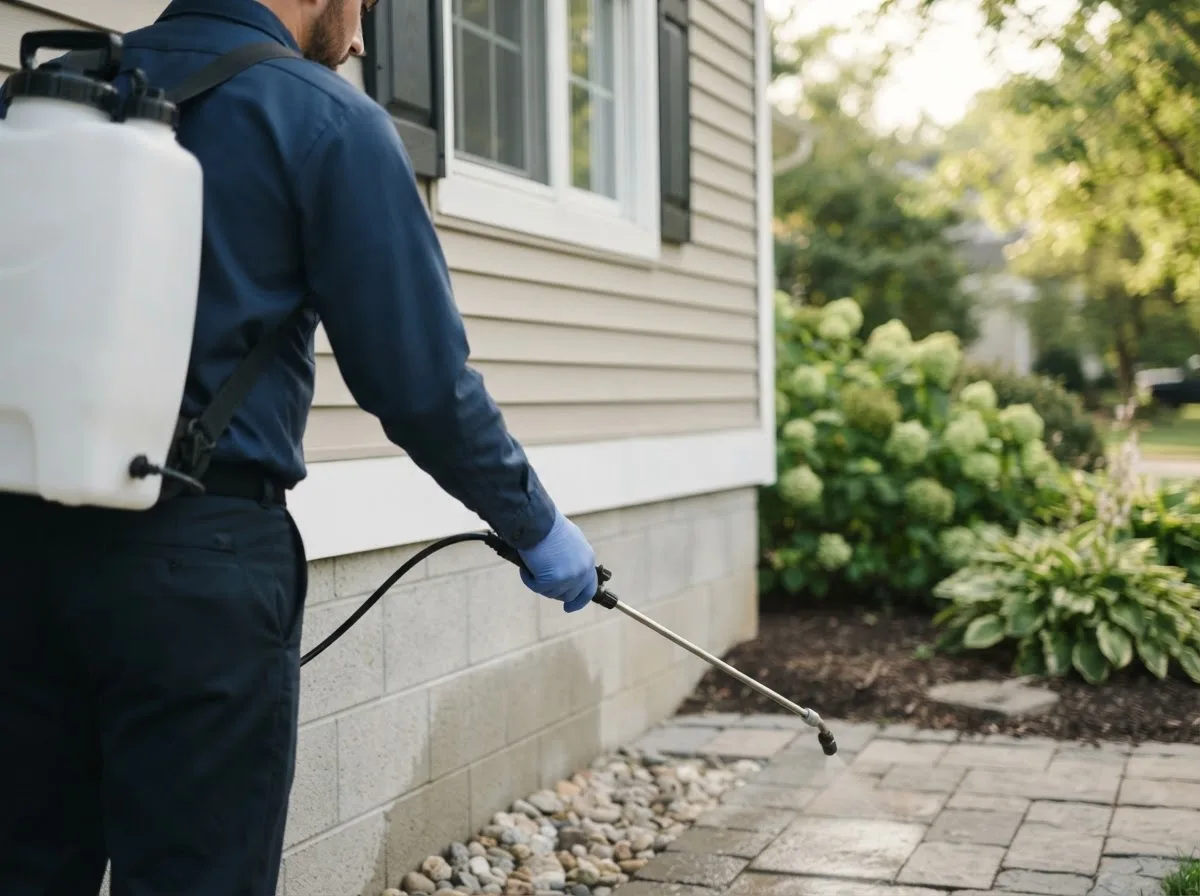 Pest control technician inspecting a home in Eustis, ME